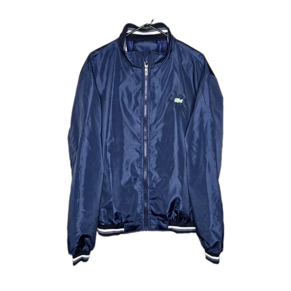 IZOD Lacoste Navy Blue Windbreaker Size XXL BOXY FIT Zipper & Striped Collar